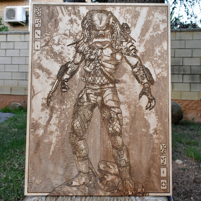 Predator alien engraved wood wall art for sci-fi fans