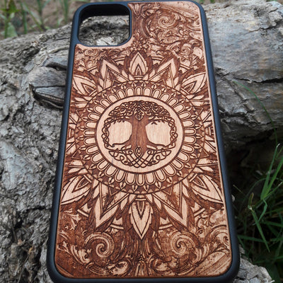Custom engraved wooden phone case with an intricate, hand-crafted design. Compatible with iPhone , 15, 14, 13, 12, 11 Pro Max Mini and Samsung Galaxy S, S24, S23, S22, S21, S20 Ultra, Plus, Note 20. Durable, slim, and personalized for those seeking a unique and stylish phone accessory.