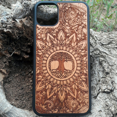 Laser-engraved wooden phone case featuring a detailed skull design, compatible with iPhone 16, iPhone 15, Galaxy S25, and more.