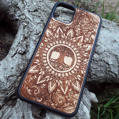 Custom engraved wooden phone case with an intricate, hand-crafted design. Compatible with iPhone , 15, 14, 13, 12, 11 Pro Max Mini and Samsung Galaxy S, S24, S23, S22, S21, S20 Ultra, Plus, Note 20. Durable, slim, and personalized for those seeking a unique and stylish phone accessory.