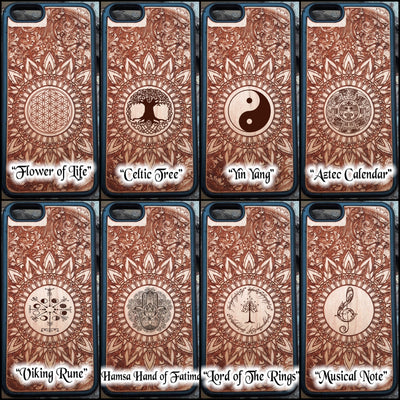 Laser-engraved wooden phone case featuring a detailed skull design, compatible with iPhone 16, iPhone 15, Galaxy S25, and more.