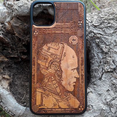 Laser-engraved Robocop wooden phone case, featuring a detailed sci-fi design, compatible with iPhone , iPhone 15, Samsung Galaxy S, Note 20, and more. Perfect for Robocop fans seeking a unique, durable phone accessory.