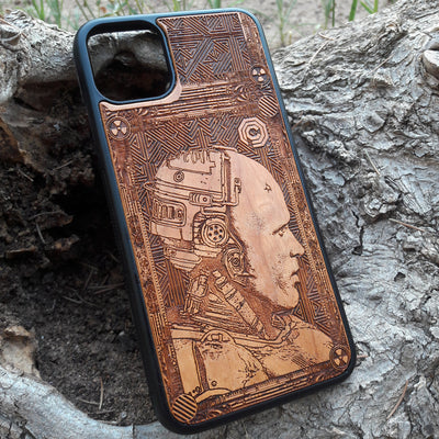 Laser-engraved Robocop wooden phone case, featuring a detailed sci-fi design, compatible with iPhone , iPhone 15, Samsung Galaxy S, Note 20, and more. Perfect for Robocop fans seeking a unique, durable phone accessory.