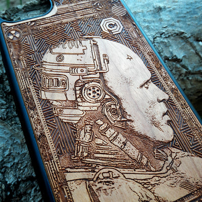 Laser-engraved Robocop wooden phone case, featuring a detailed sci-fi design, compatible with iPhone , iPhone 15, Samsung Galaxy S, Note 20, and more. Perfect for Robocop fans seeking a unique, durable phone accessory.