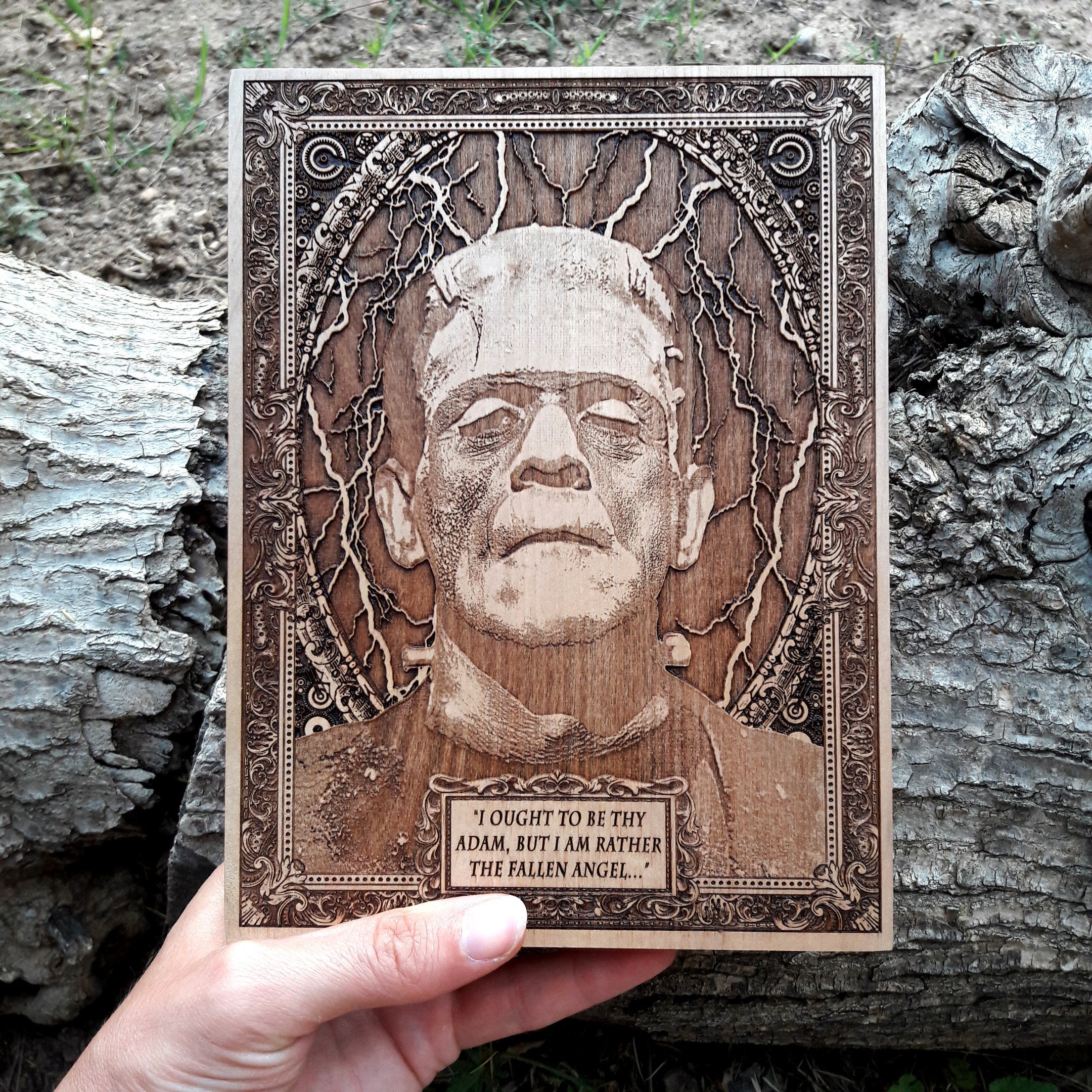 Gothic horror wall decor – Lugosi’s Frankenstein wood carving.
