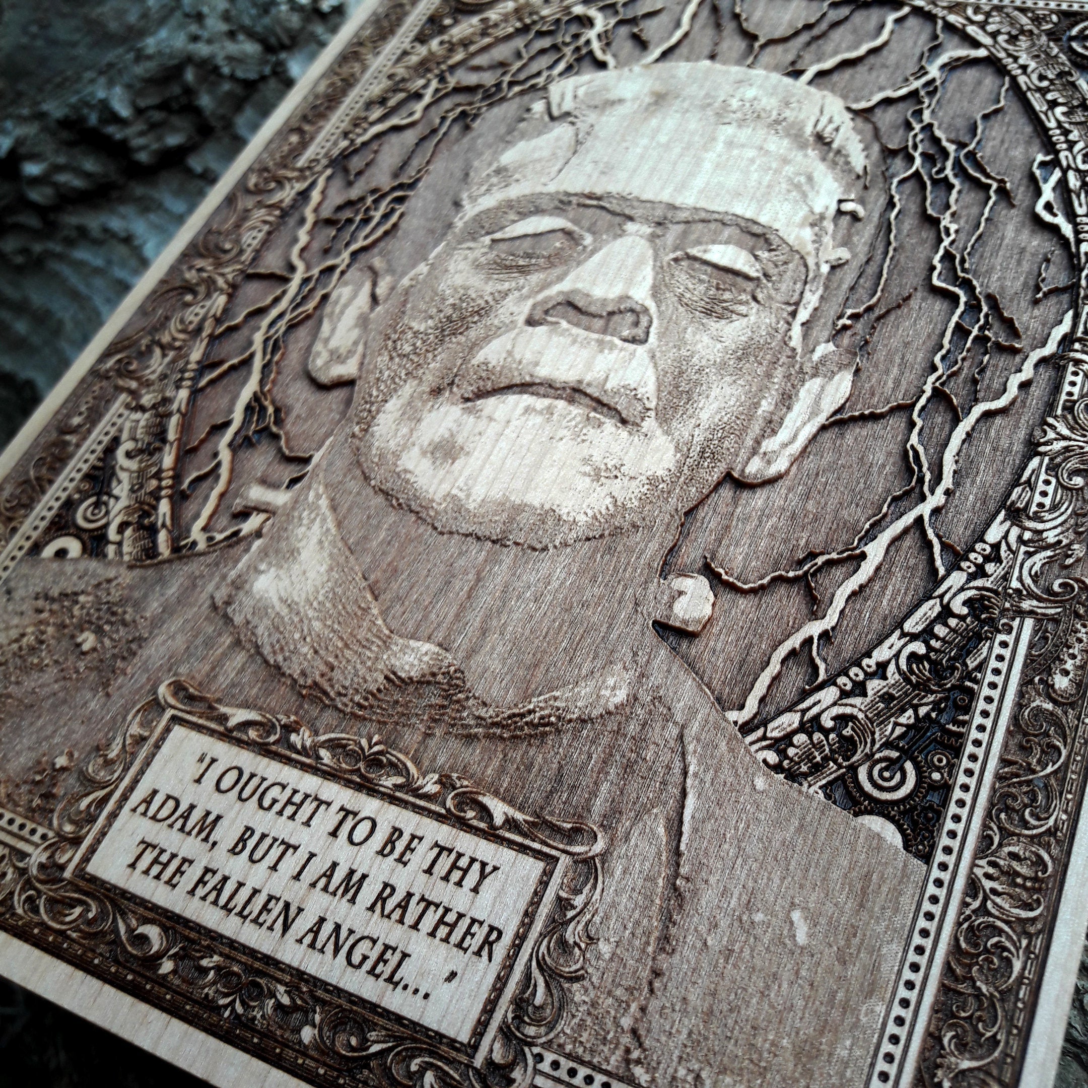Frankenstein wood engraving, perfect for classic horror collectors.