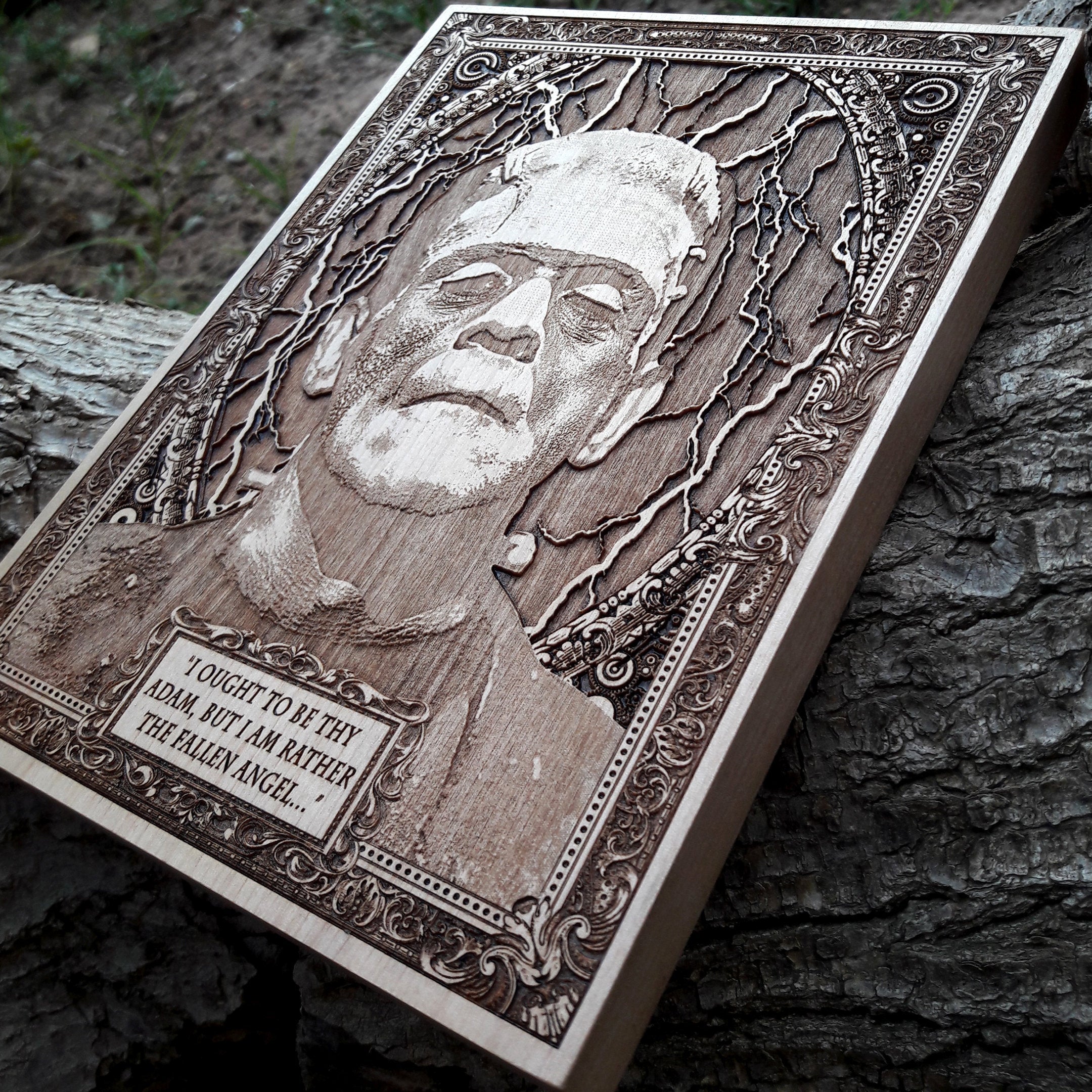 Lugosi’s Frankenstein Monster in detailed wood engraving wall art.