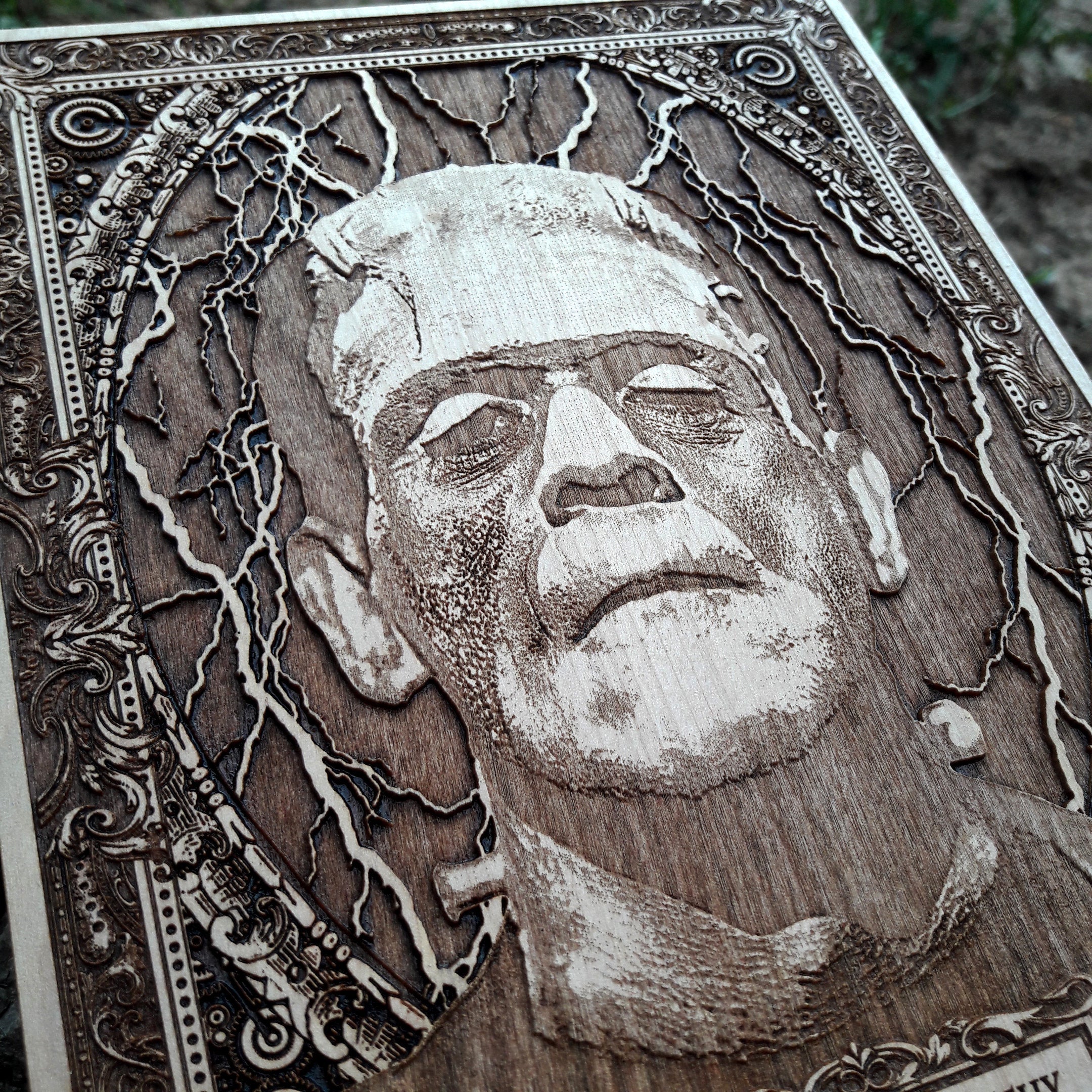 Gothic wooden Frankenstein decor – vintage horror movie artwork.