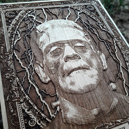 Gothic wooden Frankenstein decor – vintage horror movie artwork.