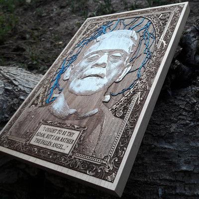 Engraved and painted Frankenstein portrait on rustic wood plaque.