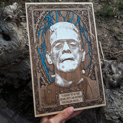 Wooden Frankenstein monster wall decor, handcrafted for fans.