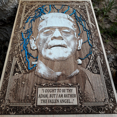 Frankenstein's monster wood art, gothic horror home decor gift.