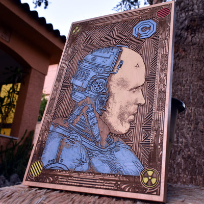 Cherrywood Robocop wall art with cyberpunk style engraving, perfect for retro film fans.