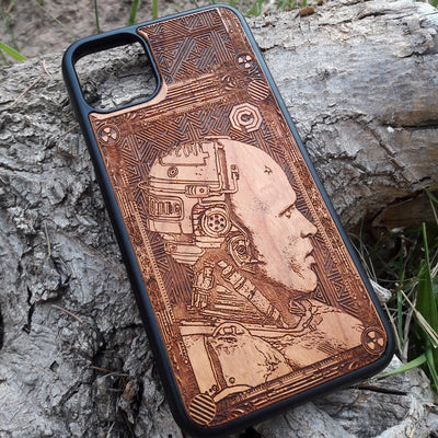Laser-engraved Robocop wooden phone case, featuring a detailed sci-fi design, compatible with iPhone , iPhone 15, Samsung Galaxy S, Note 20, and more. Perfect for Robocop fans seeking a unique, durable phone accessory.