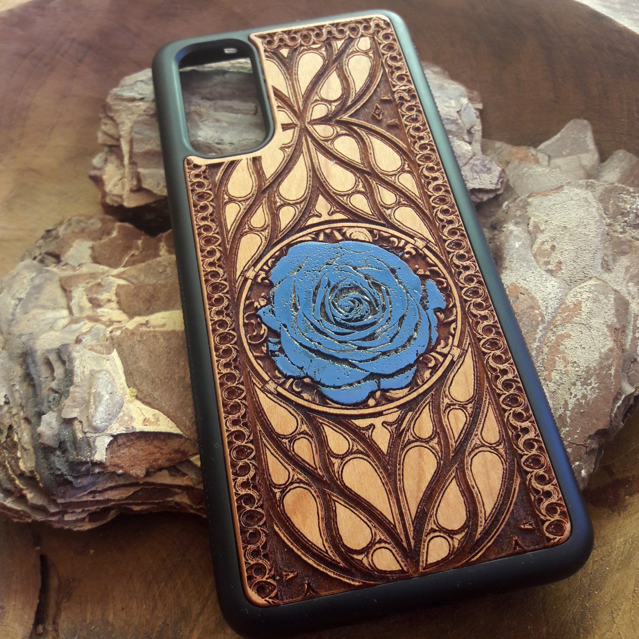 blue rose wood iphone case