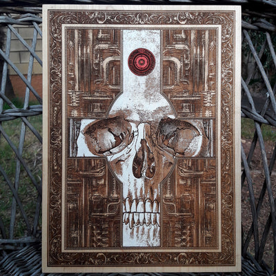 Cross and skull design engraved on maple wood, gothic wall decor