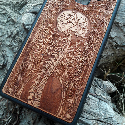 Wooden Spine phone case featuring detailed gothic carvings, compatible with iPhone , iPhone 15, Samsung Galaxy S, Note 20, and more. Ideal for lovers of gothic art and unique phone accessories.