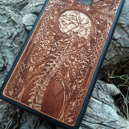 Wooden Spine phone case featuring detailed gothic carvings, compatible with iPhone 16, iPhone 15, Samsung Galaxy S25, Note 20, and more. Ideal for lovers of gothic art and unique phone accessories.