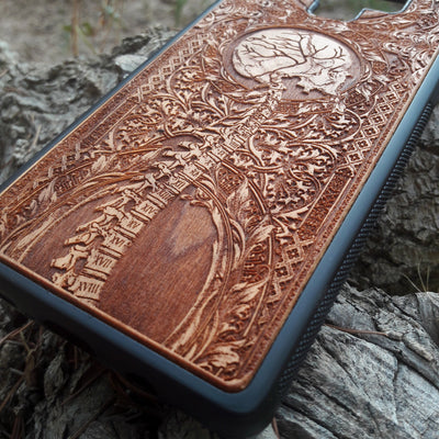 Wooden Spine phone case featuring detailed gothic carvings, compatible with iPhone , iPhone 15, Samsung Galaxy S, Note 20, and more. Ideal for lovers of gothic art and unique phone accessories.