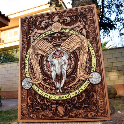 Laser-engraved devil skull artwork on wood – dark occult wall art