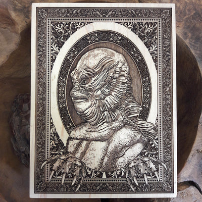 Handmade wooden artwork 'Creature from the Black Lagoon - Mini' – wood gift for 5 year anniversary, wedding present, gift for him or her, romantic handcrafted decor