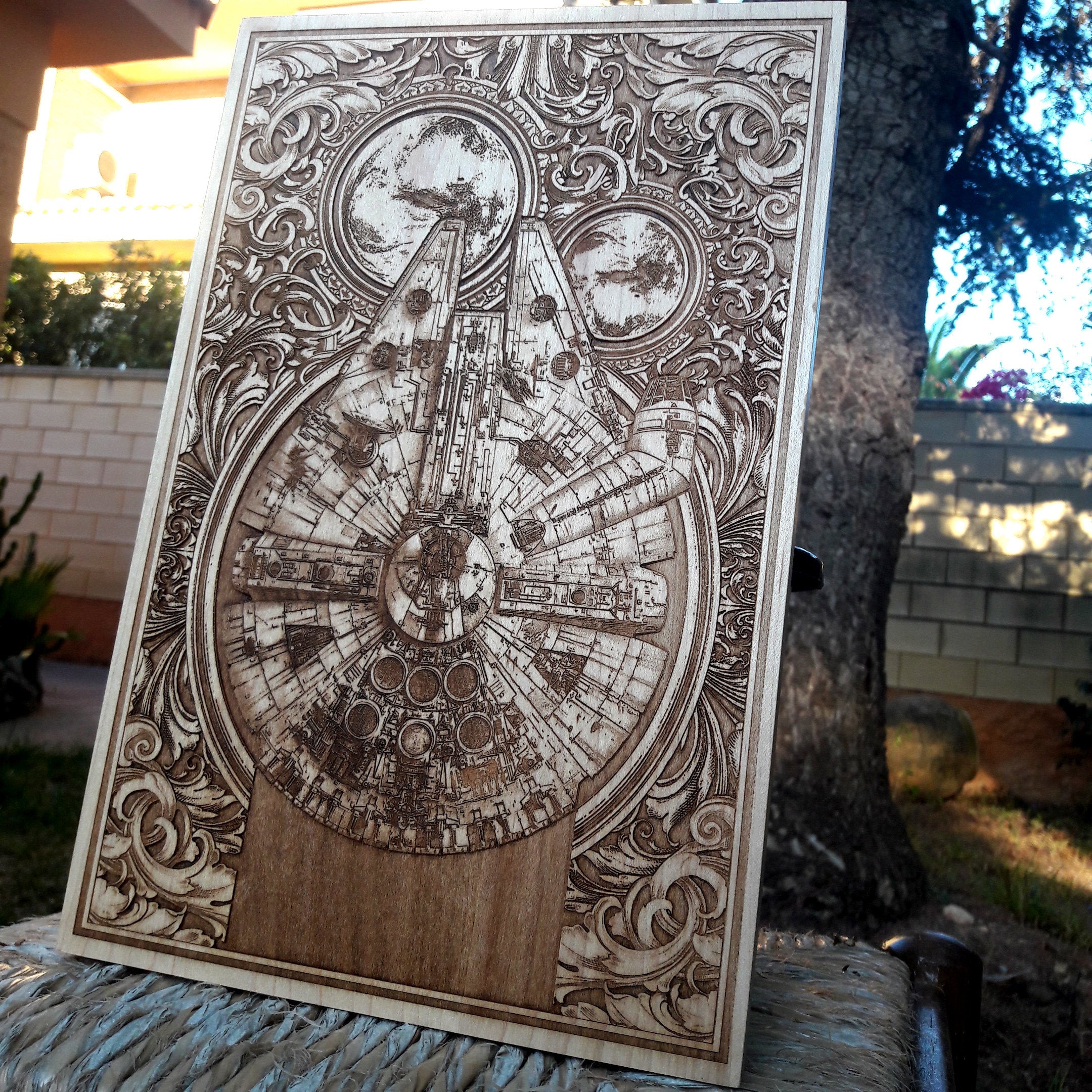 Star Wars-inspired Millennium Falcon wood art – perfect gift idea