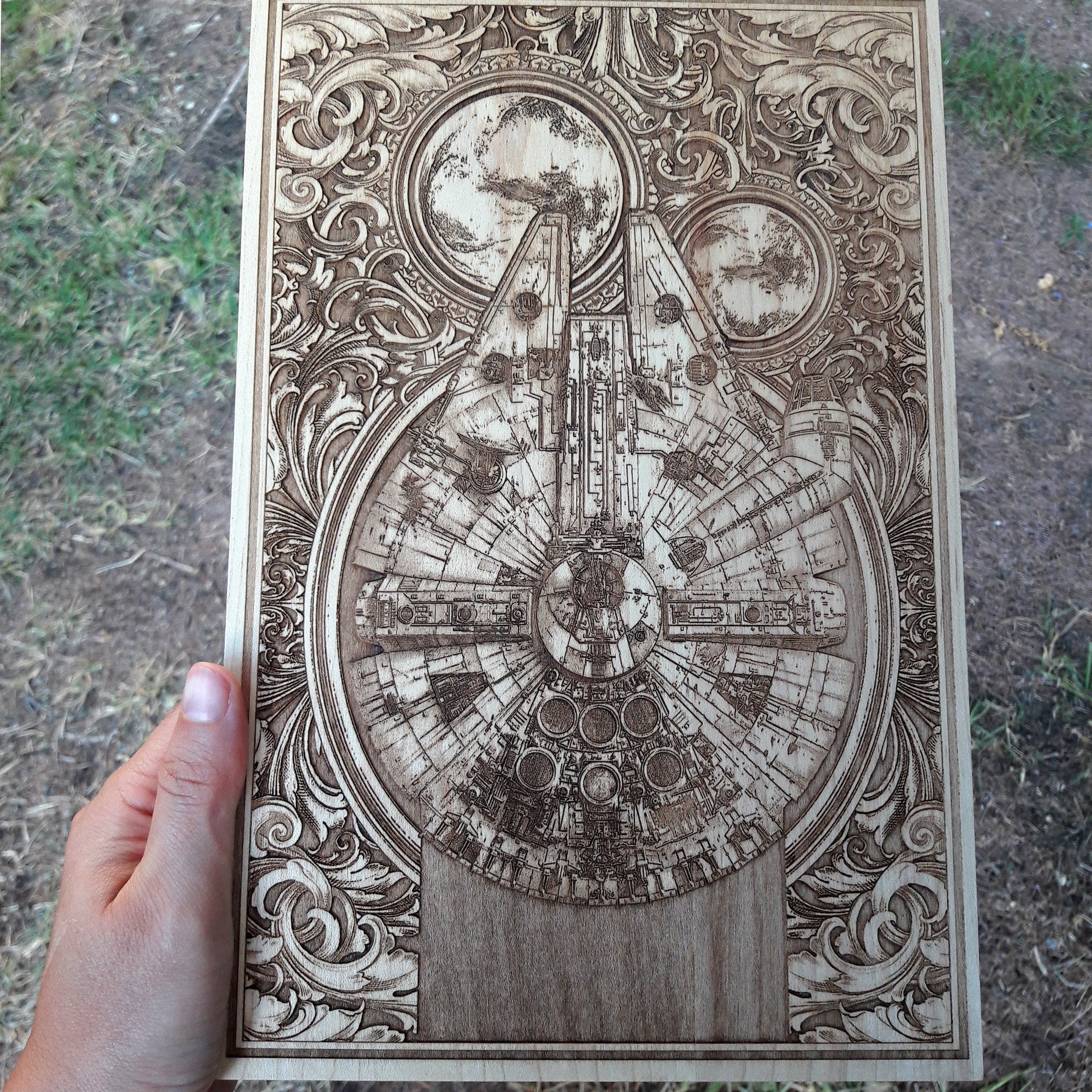 Handmade Star Wars Millennium Falcon wood carving for collectors