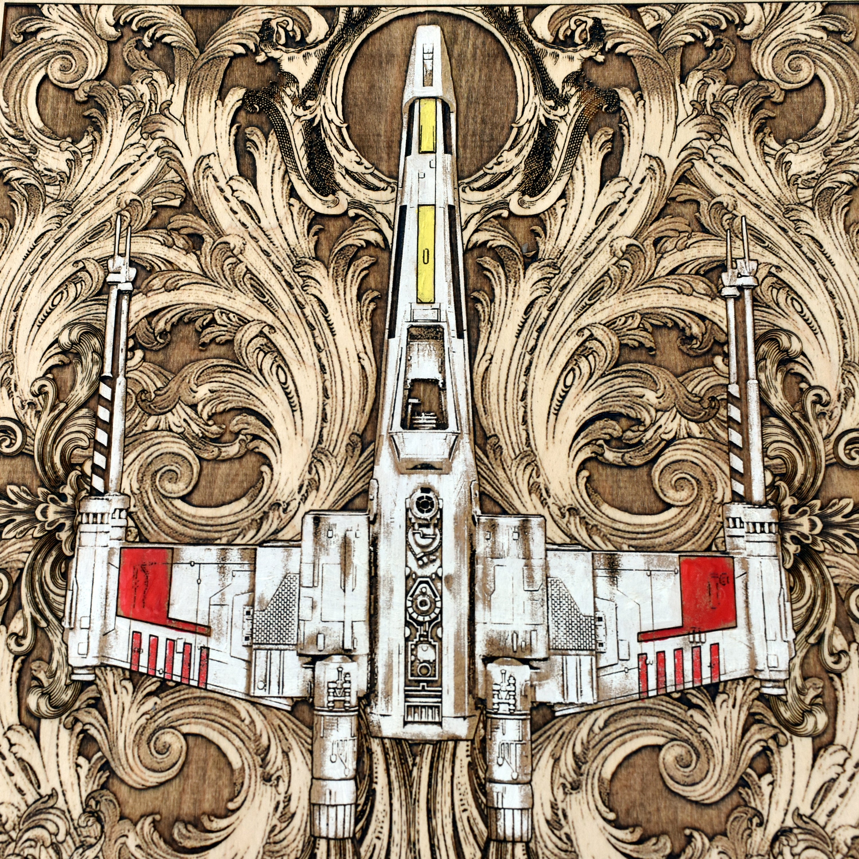 Rustic wooden Star Wars wall art showing X-Wing in battle stance