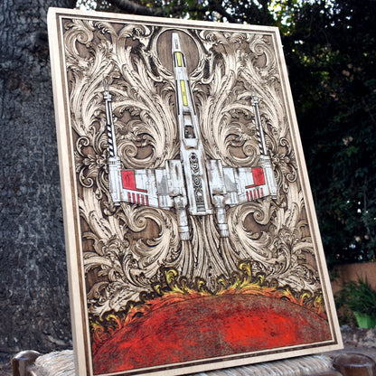 Laser-engraved X-Wing Starfighter on rustic wood wall panel