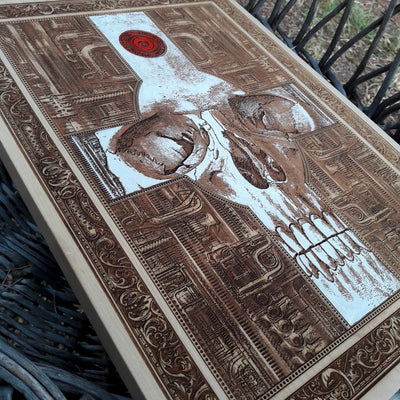 Gothic cross skull artwork, laser engraved wood wall hanging