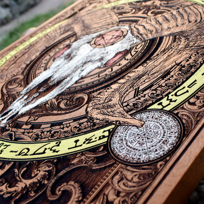 Baphomet devil skull engraved on wood – ideal for horror art lovers