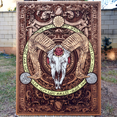 Horned skull wood wall art with Baphomet design – perfect for gothic home decor