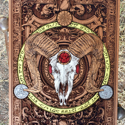 Gothic Baphomet skull wood engraving – unique handmade horned art