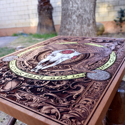 Occult wood wall decor with horned skull – inspired by satanic art