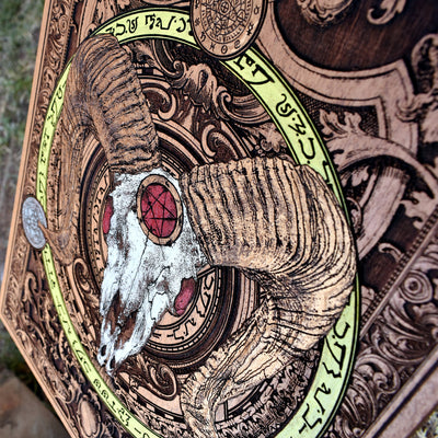 Horror-inspired wood art featuring horned Baphomet skull