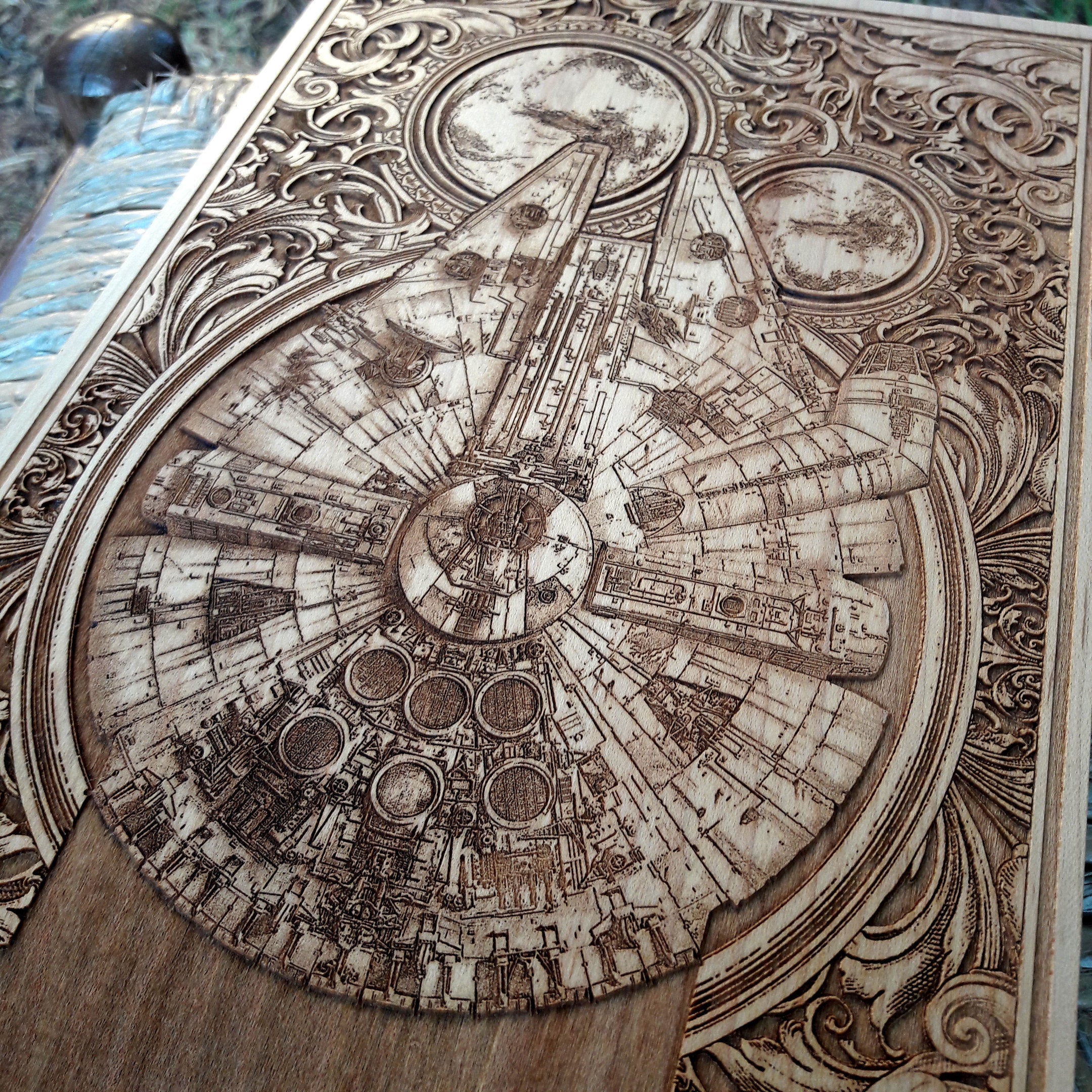 Millennium Falcon spaceship engraved on wood – geeky home decor