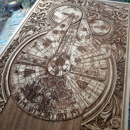 Millennium Falcon spaceship engraved on wood – geeky home decor