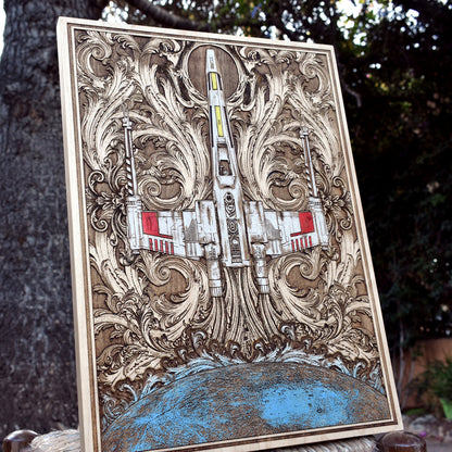 Laser-engraved X-Wing Star Wars wooden plaque for sci-fi decor