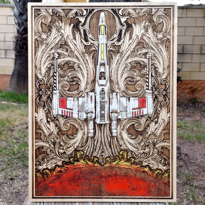 X-Wing wood wall art handmade for Star Wars fans and sci-fi collectors