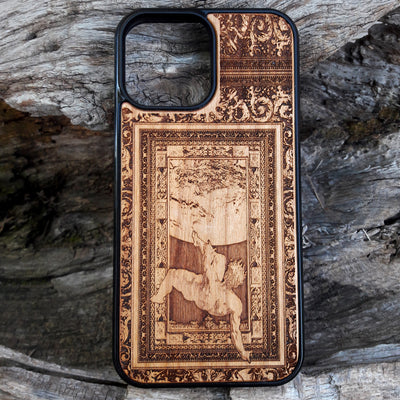 Wooden phone case with intricately engraved scene of the Fall of Phaethon, available for iPhone , iPhone 15, Samsung Galaxy S, S24, and more. Ideal for mythology lovers and those seeking a unique, durable phone case.