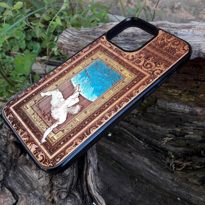 Laser-engraved Celtic Tree of Life design on a wooden phone case, compatible with iPhone and samsung galaxy