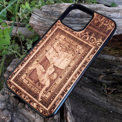 Wooden phone case with intricately engraved scene of the Fall of Phaethon, available for iPhone , iPhone 15, Samsung Galaxy S, S24, and more. Ideal for mythology lovers and those seeking a unique, durable phone case.