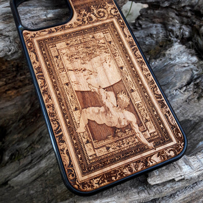 Wooden phone case with intricately engraved scene of the Fall of Phaethon, available for iPhone , iPhone 15, Samsung Galaxy S, S24, and more. Ideal for mythology lovers and those seeking a unique, durable phone case.