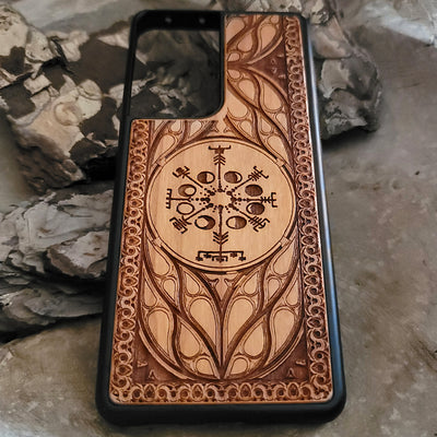 Viking Rune Vegvisir Compass wood phone case with laser-engraved Nordic design. Compatible with iPhone , 15, 14, 13, 12, 11 Pro Max Mini, and Samsung Galaxy S, S24, S23, S22, S21, S20 Ultra Plus, Note 20. Unique, durable, and perfect for Norse mythology enthusiasts.