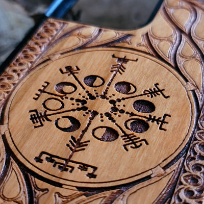 Viking Rune Vegvisir Compass wood phone case with laser-engraved Nordic design. Compatible with iPhone , 15, 14, 13, 12, 11 Pro Max Mini, and Samsung Galaxy S, S24, S23, S22, S21, S20 Ultra Plus, Note 20. Unique, durable, and perfect for Norse mythology enthusiasts.