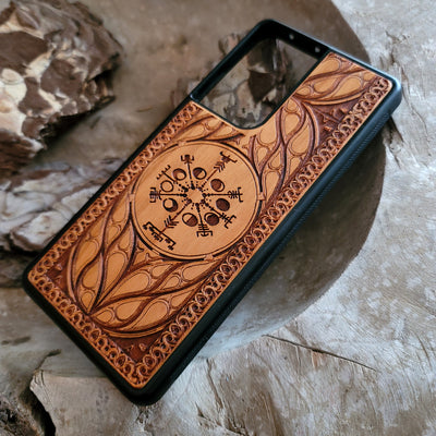 Viking Rune Vegvisir Compass wood phone case with laser-engraved Nordic design. Compatible with iPhone , 15, 14, 13, 12, 11 Pro Max Mini, and Samsung Galaxy S, S24, S23, S22, S21, S20 Ultra Plus, Note 20. Unique, durable, and perfect for Norse mythology enthusiasts.