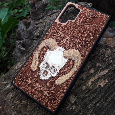 Laser-engraved wooden phone case for iPhone and samsung galaxy, featuring intricate gothic artwork