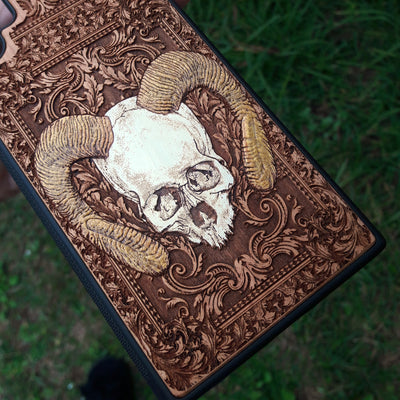 Laser-engraved wooden phone case for iPhone and samsung galaxy, featuring intricate gothic artwork