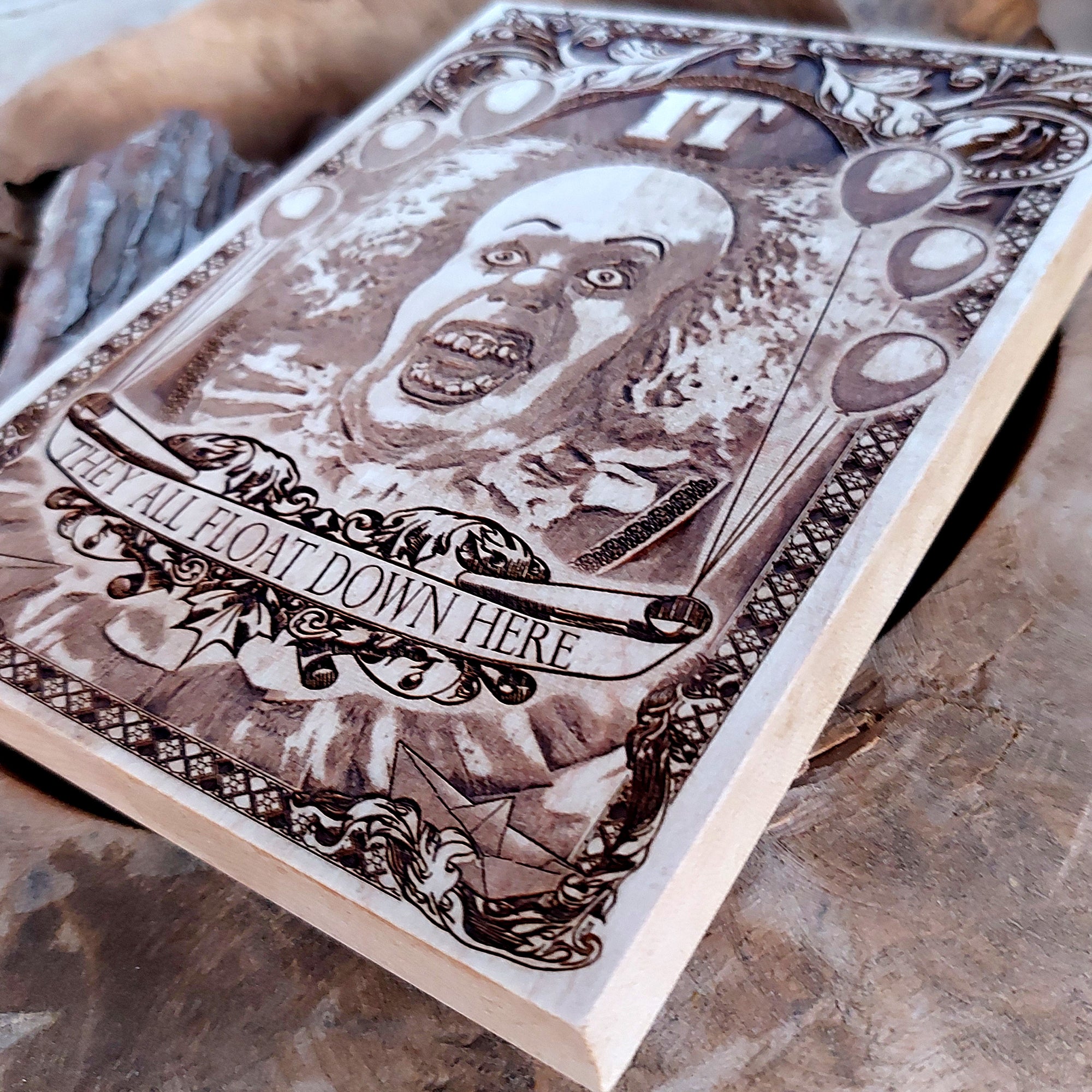 Dark horror wood art - creepy clown engraving for collectors