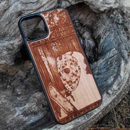 Jason Killer horror-themed wooden phone case with detailed engraving, compatible with iPhone 16, iPhone 15, Samsung Galaxy S25, Note 20, and more. Ideal for horror fans and movie collectors.